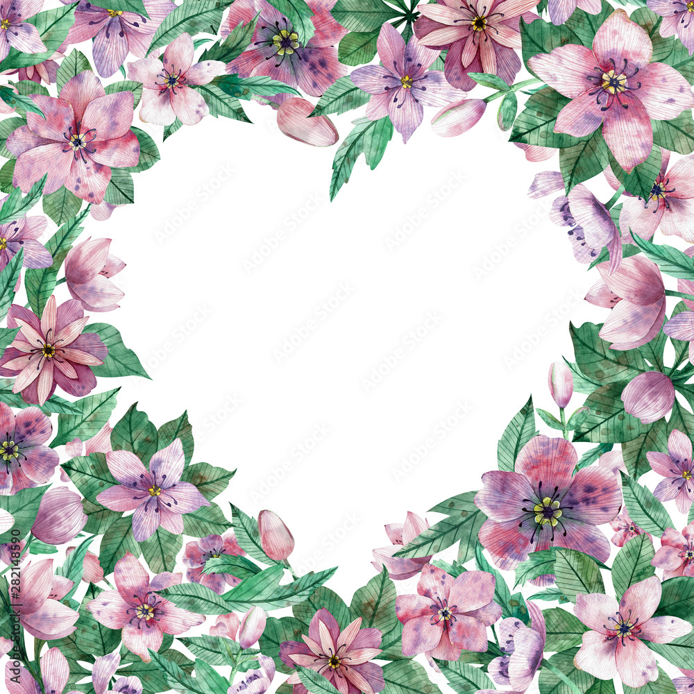 Watercolor pink floral heart frame with flowers and central white copy space for text. Decorative christmas rose.