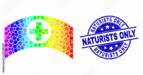 Pixelated spectral medical cap mosaic icon and Naturists Only stamp. Blue vector round scratched stamp with Naturists Only message. Vector composition in flat style.