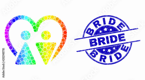 Pixel spectral married persons mosaic icon and Bride watermark. Blue vector rounded distress seal with Bride message. Vector composition in flat style.