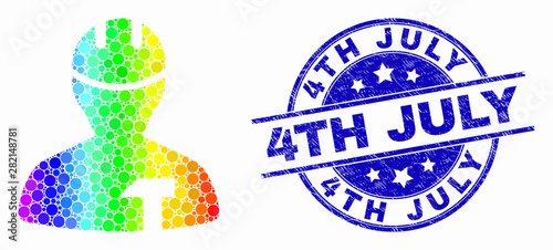 Dot bright spectral repairman mosaic icon and 4Th July stamp. Blue vector rounded grunge seal stamp with 4Th July message. Vector combination in flat style.