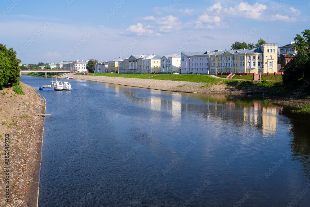 Vologda, Russia - June, 8, 2018: Embankment of river Vologda in Vologda city on the north of Russia Vologda, Russia - June, 8, 2018: Embankment of river Vologda in Vologda city on the north of Russia