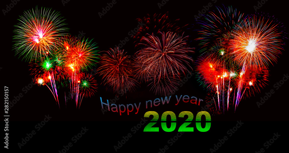 Happy New Year Celebration Text with Festive Fireworks in Night Sky