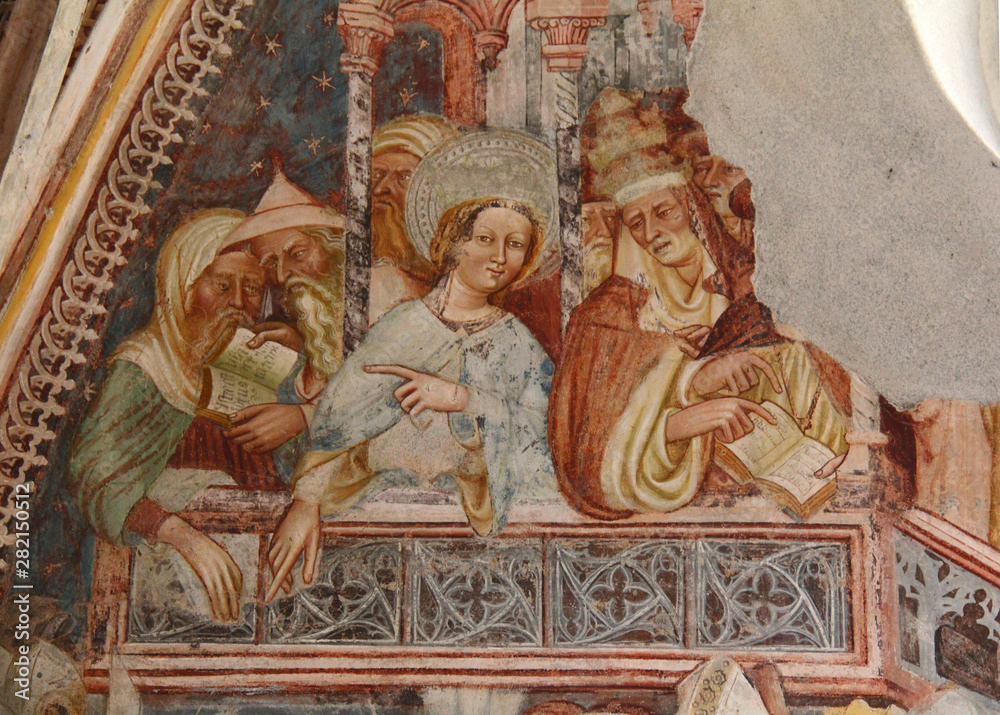 Sant'Elena assiste al ritrovamento della Croce di Cristo; affresco nella cappella cimiteriale di Rifiano (Merano)