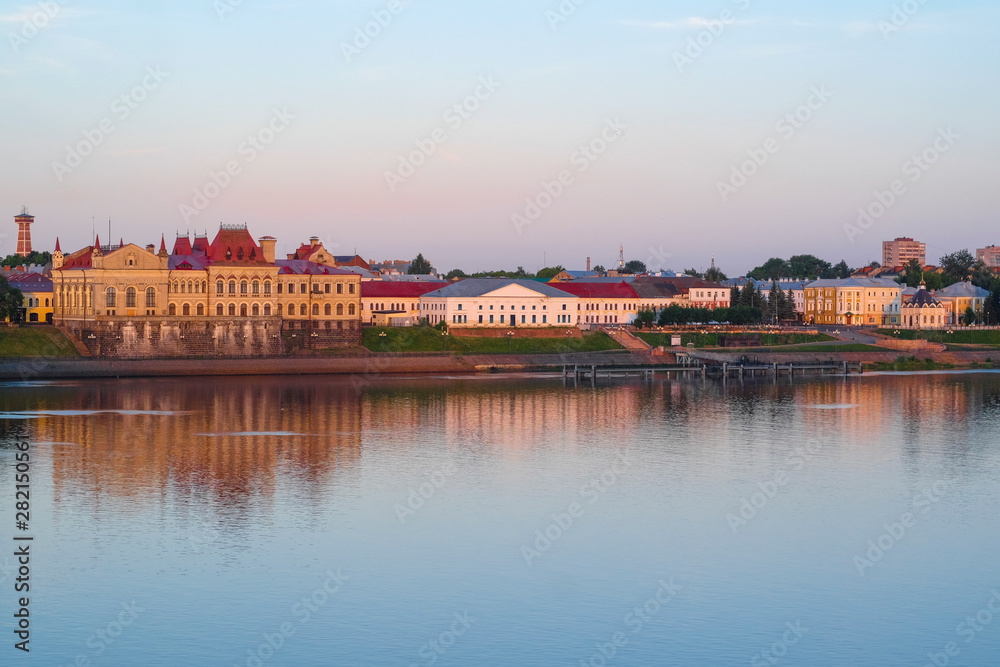 Rybinsk, Russia - June, 10, 2019: landscape with the image of Volga embankment in Rybinsk, Russia at sunrise