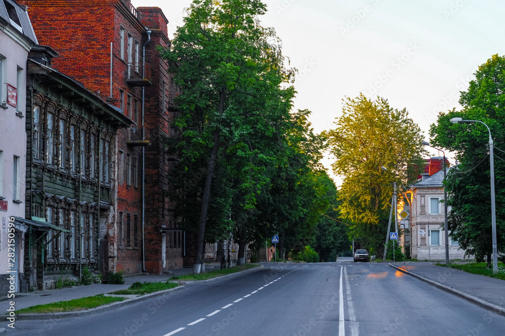 Rybinsk, Russia - June, 9, 2019: landscape with the image of old russian town Rybinsk