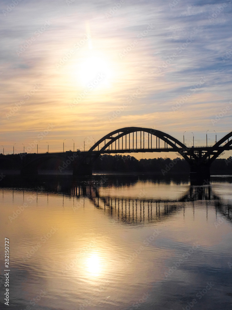 Bridge over Volga in Rybinsk, Russia at sunrise