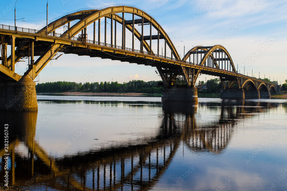 Bridge over Volga in Rybinsk, Russia at sunrise