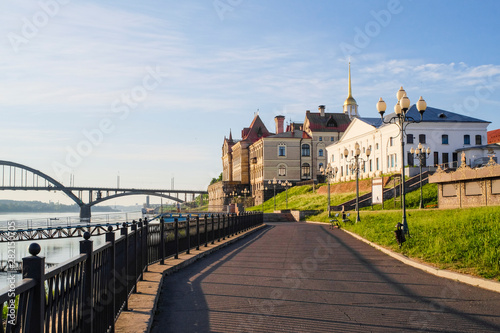 Rybinsk, Russia - June, 10, 2019: Volga embankment in Rybinsk, Russia at sunrise