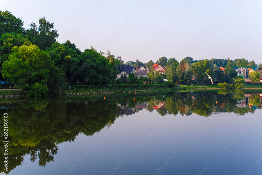 landscape with the image of the river bank in the city of Sergiev Posad, Russia