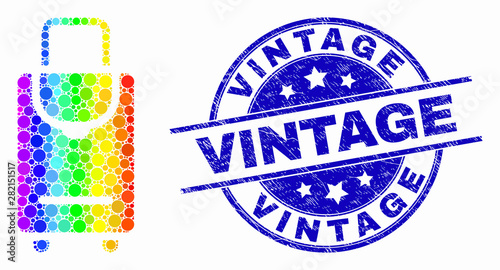 Dotted bright spectral voyage luggage mosaic pictogram and Vintage seal stamp. Blue vector rounded scratched stamp with Vintage title. Vector combination in flat style.