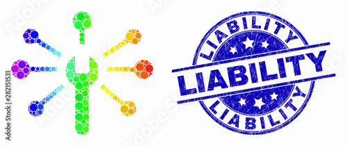 Dot spectral wrench links mosaic pictogram and Liability seal stamp. Blue vector rounded scratched seal stamp with Liability caption. Vector combination in flat style.