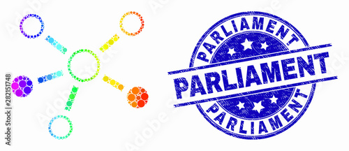 Dotted bright spectral relations mosaic pictogram and Parliament seal. Blue vector rounded grunge seal stamp with Parliament title. Vector collage in flat style.