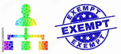 Dotted spectrum user links mosaic icon and Exempt seal. Blue vector rounded textured seal stamp with Exempt title. Vector combination in flat style.