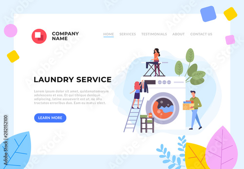 Laundry and dry cleaning clothes service steps banner poster illustration. Vector flat cartoon graphic design