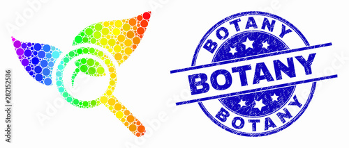 Dotted bright spectral search flora plant mosaic icon and Botany stamp. Blue vector round grunge stamp with Botany phrase. Vector composition in flat style.