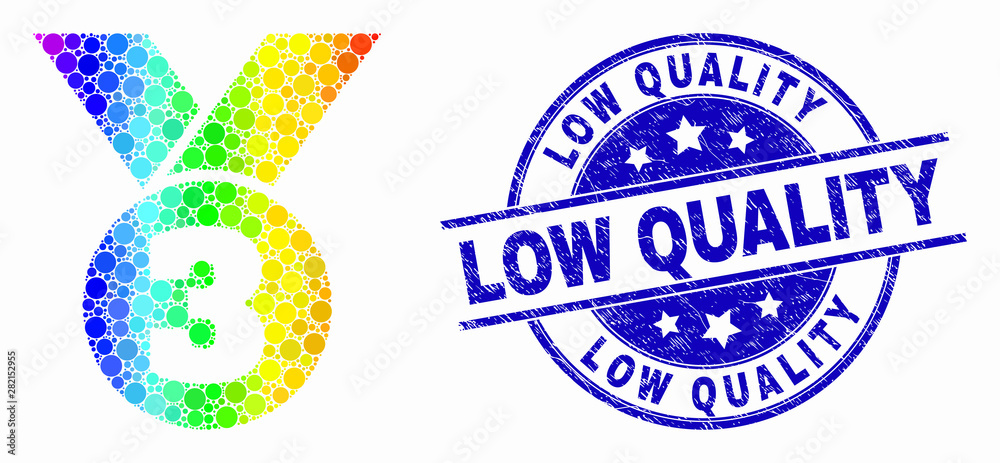 Pixel bright spectral third medal mosaic icon and Low Quality seal. Blue vector round textured seal stamp with Low Quality text. Vector composition in flat style. Pixel bright spectral third medal mosaic icon and Low Quality seal. Blue vector round textured seal stamp with Low Quality text. Vector composition in flat style.