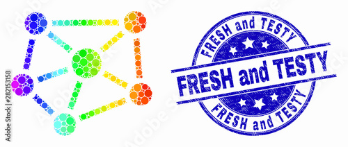 Pixel rainbow gradiented relations mosaic pictogram and Fresh and Testy stamp. Blue vector round grunge seal stamp with Fresh and Testy message. Vector combination in flat style.