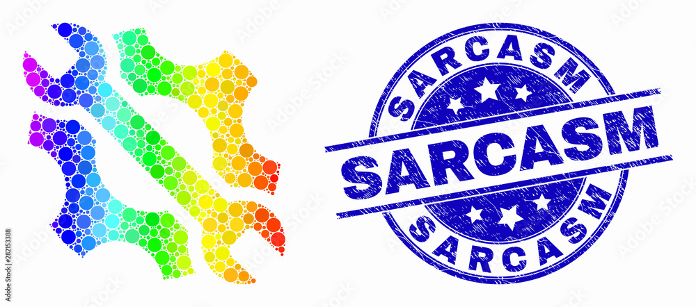 Pixel rainbow gradiented repair tools mosaic icon and Sarcasm seal. Blue vector round textured seal stamp with Sarcasm phrase. Vector collage in flat style.