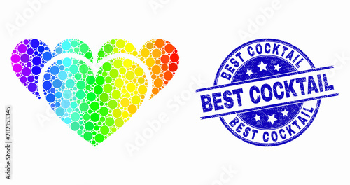 Dotted bright spectral love hearts mosaic pictogram and Best Cocktail seal stamp. Blue vector round scratched seal stamp with Best Cocktail message. Vector composition in flat style.