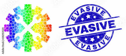 Dotted bright spectral tools gear mosaic pictogram and Evasive stamp. Blue vector rounded distress seal stamp with Evasive message. Vector composition in flat style.