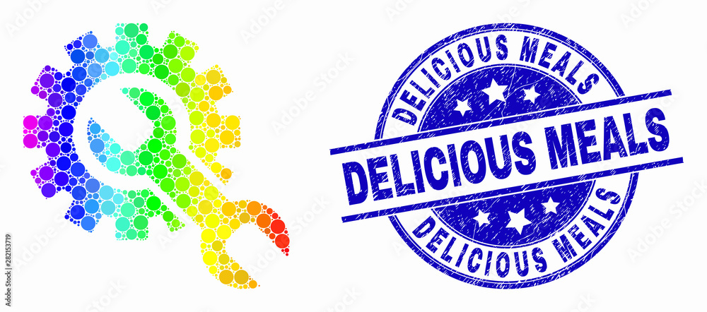 Obraz premium Pixelated spectrum setup tools mosaic icon and Delicious Meals seal stamp. Blue vector round grunge stamp with Delicious Meals message. Vector composition in flat style.