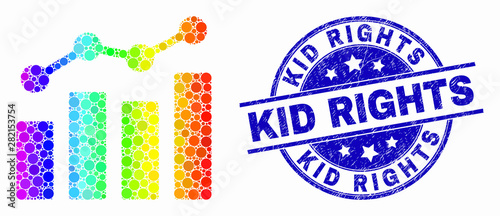 Pixel bright spectral trend charts mosaic icon and Kid Rights stamp. Blue vector rounded grunge seal stamp with Kid Rights message. Vector collage in flat style.