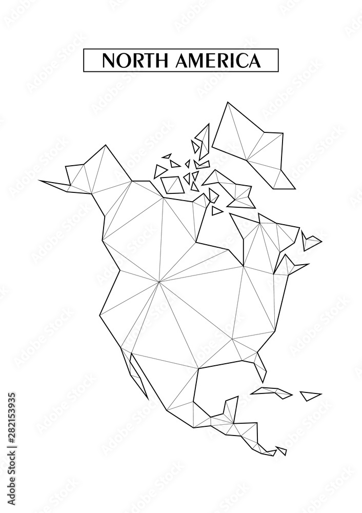 Polygonal abstract map of North America with connected triangular shapes formed from lines. Good poster for wall in your home. Decoration for room walls. Polygonal abstract map of North America with connected triangular shapes formed from lines. Good poster for wall in your home. Decoration for room walls.
