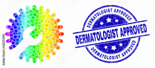 Pixel bright spectral settings gear mosaic pictogram and Dermatologist Approved stamp. Blue vector round scratched seal stamp with Dermatologist Approved title. Vector collage in flat style.