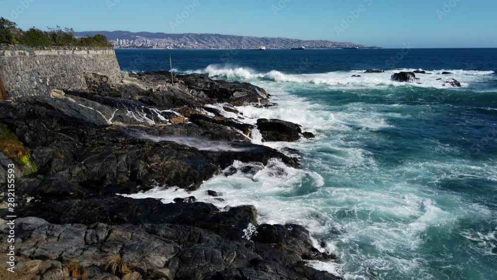 Villa del Mar, Chile Rocky Coast Battered By Large Waves. Villa del Mar, Chile Rocky Coast Battered By Large Waves.