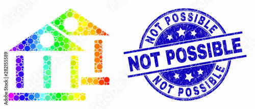 Dot spectral museum buildings mosaic pictogram and Not Possible seal stamp. Blue vector round textured stamp with Not Possible phrase. Vector combination in flat style.