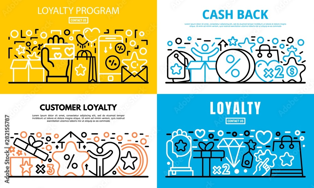 Loyalty program reward banner set. Outline set of loyalty program