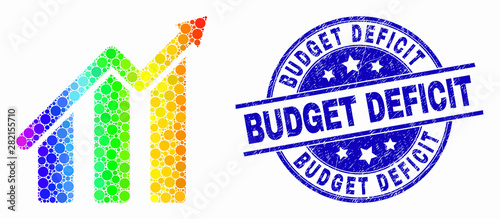 Dotted bright spectral trend chart mosaic icon and Budget Deficit watermark. Blue vector round distress seal stamp with Budget Deficit caption. Vector composition in flat style.
