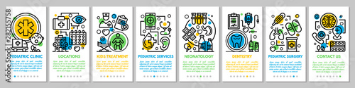 Medical pediatric clinic banner set. Outline set of medical pediatric clinic vector banner for web design