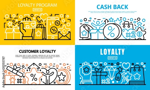 Loyalty program reward banner set. Outline set of loyalty program reward vector banner for web design