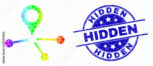 Pixel bright spectral map pointer links mosaic icon and Hidden seal stamp. Blue vector rounded distress stamp with Hidden text. Vector combination in flat style.