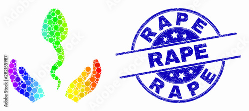 Pixel bright spectral sperm care hands mosaic pictogram and Rape watermark. Blue vector round distress watermark with Rape message. Vector collage in flat style.