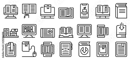 Ebook icons set. Outline set of ebook vector icons for web design isolated on white background