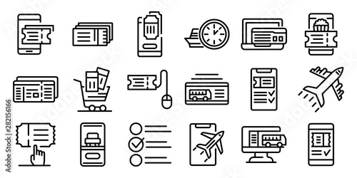Online tickets booking icons set. Outline set of online tickets booking vector icons for web design isolated on white background