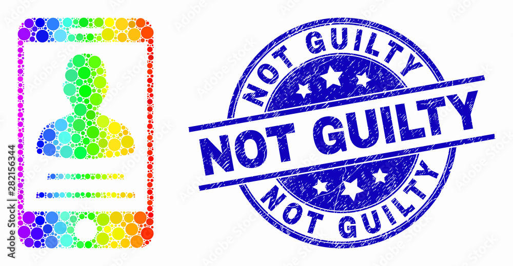 Obraz premium Dot rainbow gradiented mobile person contact mosaic icon and Not Guilty seal stamp. Blue vector round textured seal stamp with Not Guilty text. Vector combination in flat style.