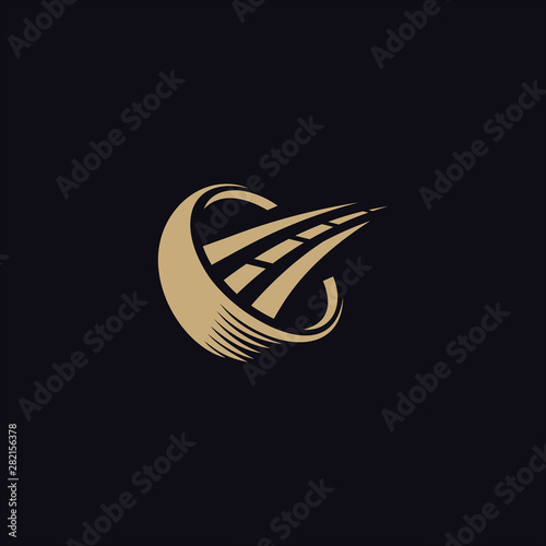 Curving tarred road or highway icon logo with center markings with diminishing perspective to infinity, cartoon illustration isolated on read and black