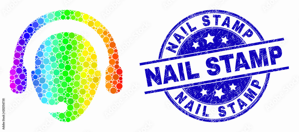 Dot rainbow gradiented operator head mosaic icon and Nail Stamp seal stamp. Blue vector round grunge seal stamp with Nail Stamp caption. Vector collage in flat style. - obrazy, fototapety, plakaty 