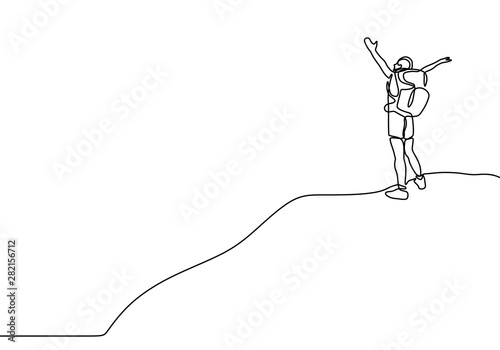 Continuous line drawing of winner man on mountain peak. Climber on mountain top silhouette. Victory symbol. Template for your design works. Vector illustration isolated on white background.