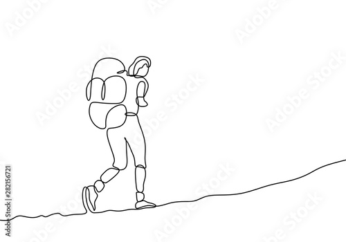 one line drawing of traveler walking continuous design. Woman doing hiking on mountain outdoor photo