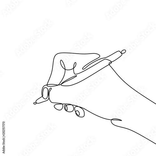 Hand writing continuous one line drawing of person write on paper with ink pen minimalism design