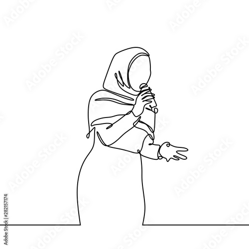 One line drawing of hijab girl sing a song minimalist design of singer