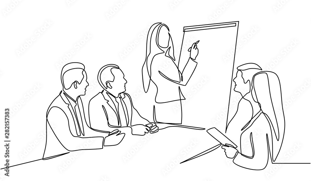 Continuous line drawing of woman writing graph marketing executive on the board with group of business people having discussion in conference room. Creative business team brainstorming over project Continuous line drawing of woman writing graph marketing executive on the board with group of business people having discussion in conference room. Creative business team brainstorming over project