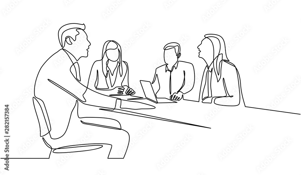 Continuous line drawing of group of business people having discussion in conference room. Creative business team brainstorming over new project isolated on white background