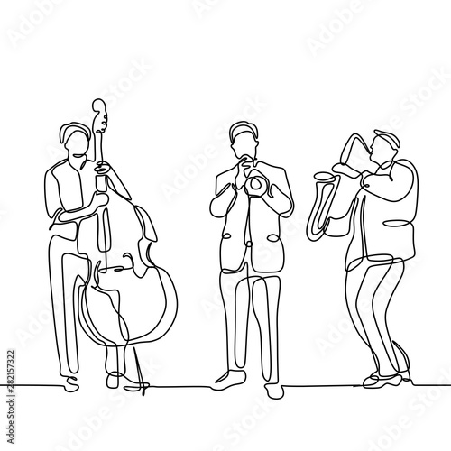 Jazz music player continuous one line drawing minimalist design of cello, trumpet, and saxophone isolated on white background