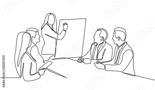 Continuous line drawing of woman writing graph marketing executive on the board with group of business people having discussion in conference room. Creative business team brainstorming over project