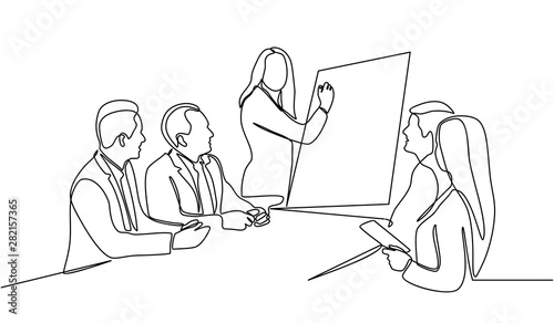 Continuous line drawing of woman writing graph marketing executive on the board with group of business people having discussion in conference room. Creative business team brainstorming over project